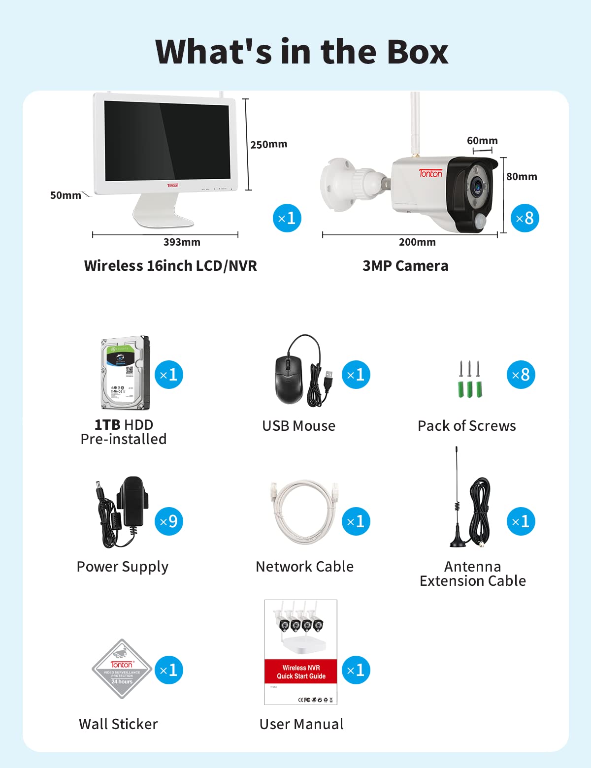 Tonton Außen Überwachungskamera Set mit Monitor, 5MP 8CH 16" Zoll NVR Monitor mit 8 STK. WLAN Kameras, 30M Farbnachtsicht, PIR Personenerkennung, App&Mail Alarm, Einfache Fernanzeige, 1TB Festplatte