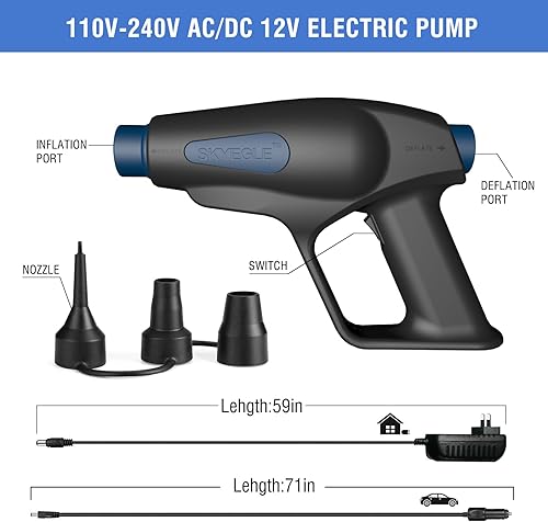 Miniatura 4 de Bomba de aire para inflables, bomba portátil de colchón de aire, inflador de llenado rápido con 3 boquillas, 110-240V12V CC, bombas de aire de mano