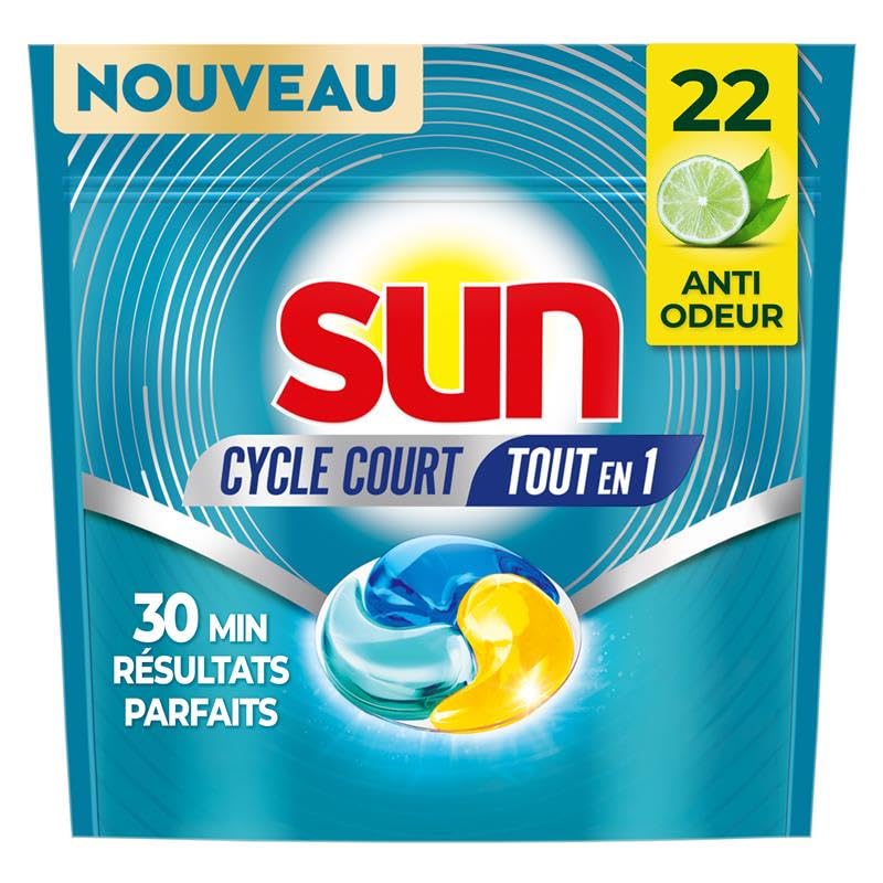 Sun - Capsules Cycle Court Dès 30 Minutes Tout en 1 - Tablettes Lave-Vaisselle Anti-Odeur - Nettoyage Parfait Sans Résidu - Parfum Citron Vert, Thé Vert -...