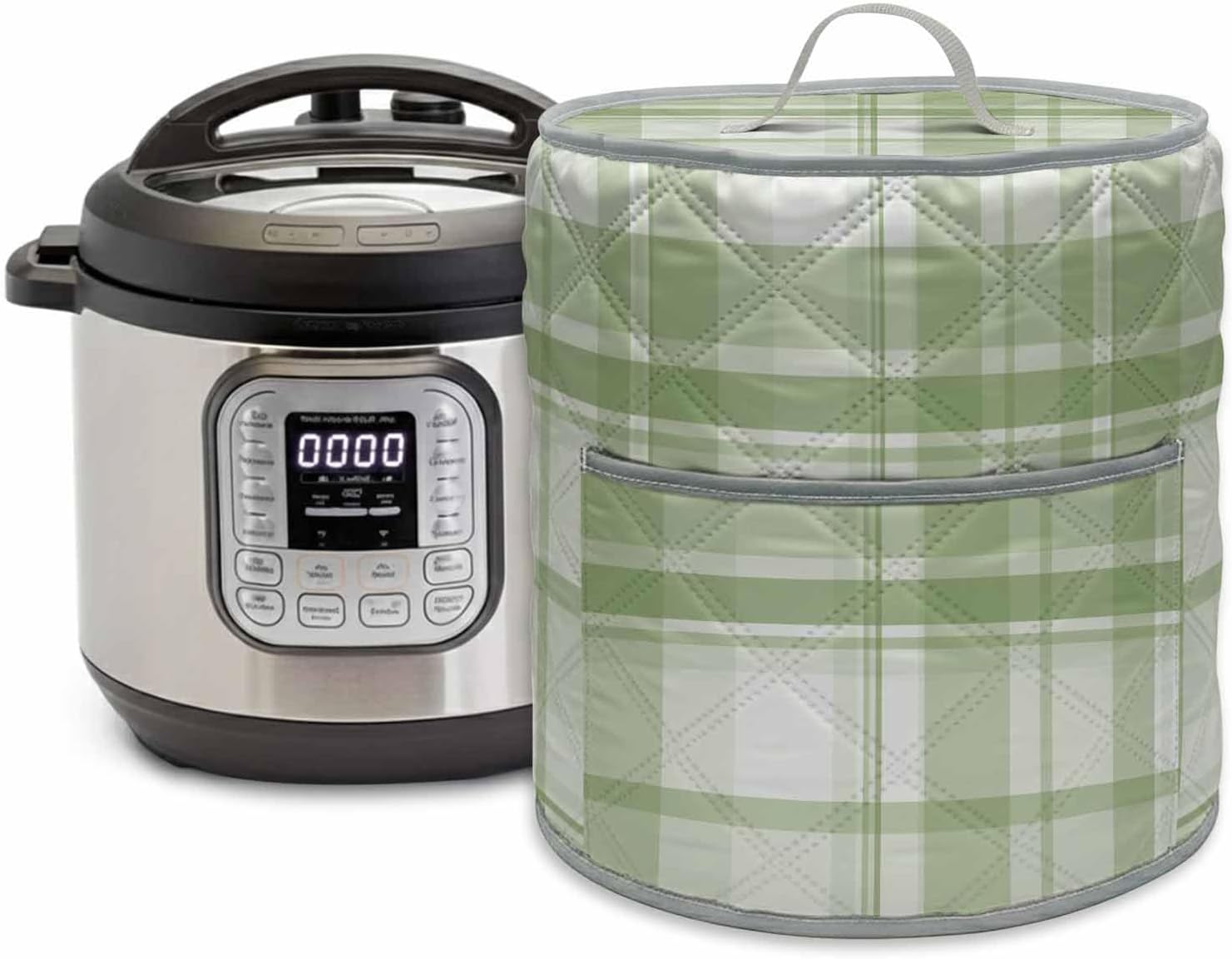 Pressure Cooker Covers Green Checked Plaid Electric Rice Cooker Cover Small Appliance Cover Modern Blocks Lines Stripes 3QT Pot Dust Cover Air Fryer Protector with Pockets & Handle