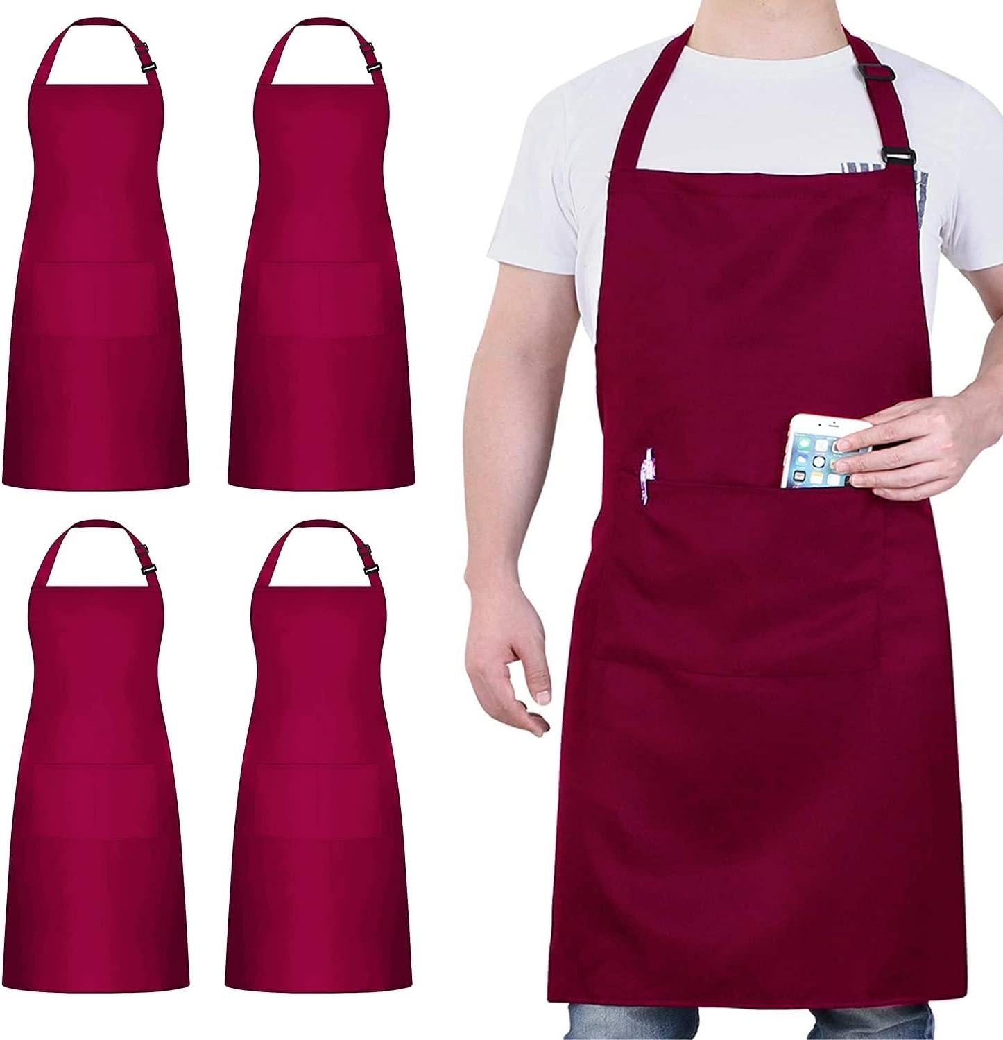 4 Pack Chef Aprons, Black Apron with 2 Pockets, Waterproof Adjustable Apron for Men, Women, Professional Kitchen Apron for Kitchen, Gardening, Restaurant, Barbecue, Coffee