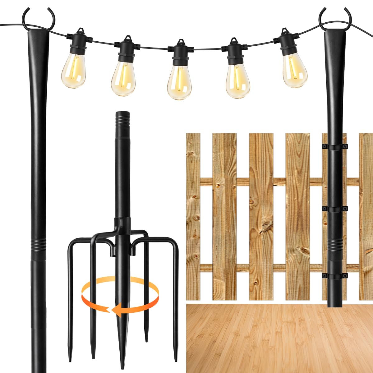 Photo 1 of 2 Pack String Light Poles for Outside, Christmas Light Hanger Pole Metal Light Stand for Outdoor Garden Fence Patio Backyard Yard Deck Party Camping