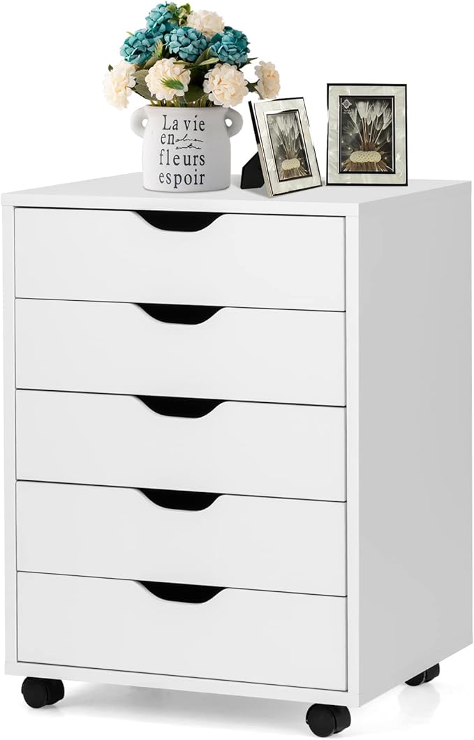 Nada Commode Haute Et étroite Avec 5 Tiroirs, Aspect Béton, Blanc Brillant