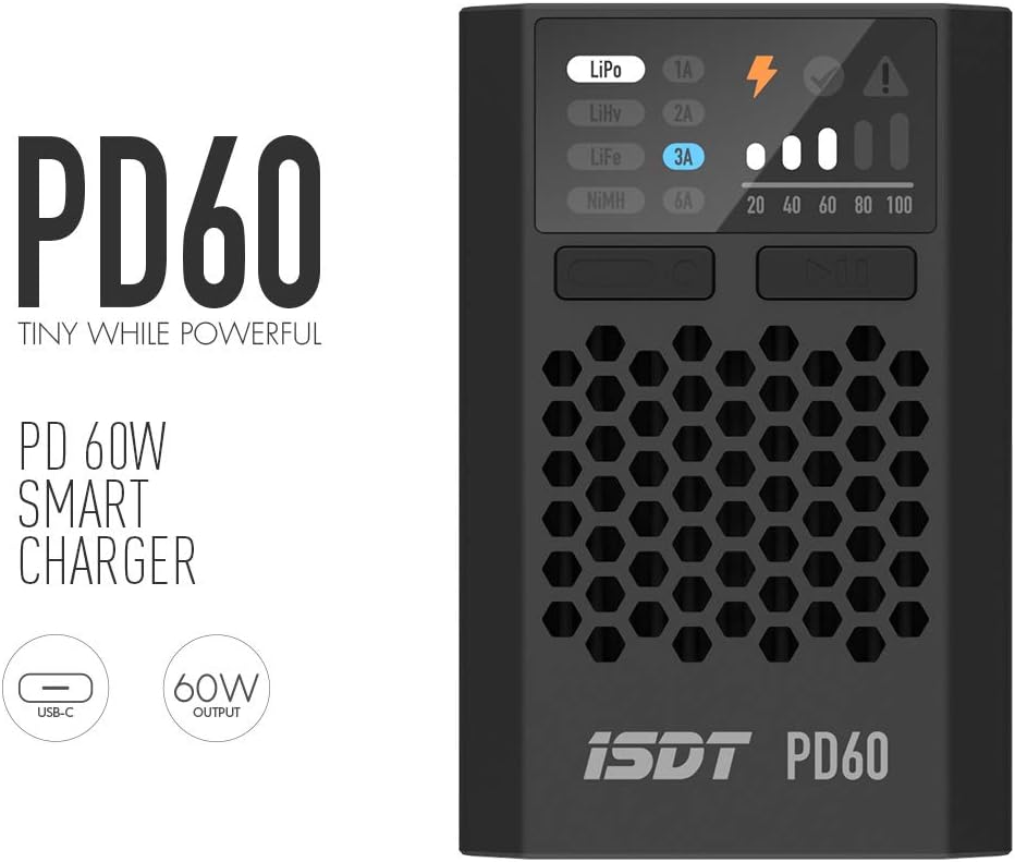 ISDT PD60S XT60 Connector 60W 6A Battery Balance Charger Type-C Input for 1-4S Lipo Battery，Life, Lilon, LiHv/Pb/NiMH Battery - XT60 - Image 2