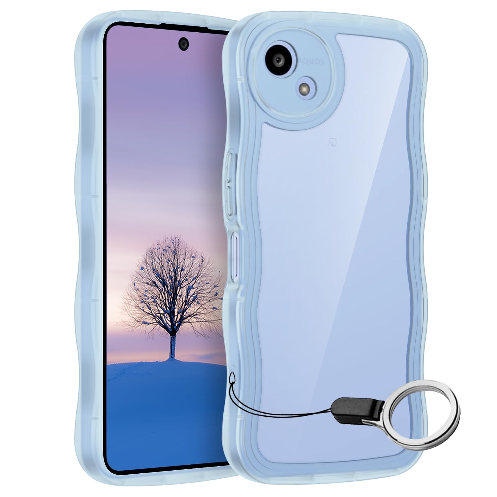 AQUOS wish5 ケース クリアブルー ウェーブ SH-52F TPU波状のバンパー 透明 スマホケース かわいい うねうね アクオス ウィッシュ5 SH-52F ウェーブ デザイン 可愛い 韓国 女性用 薄型 人気 おしゃれ 耐衝撃 ストラップホール付き(ブルー)