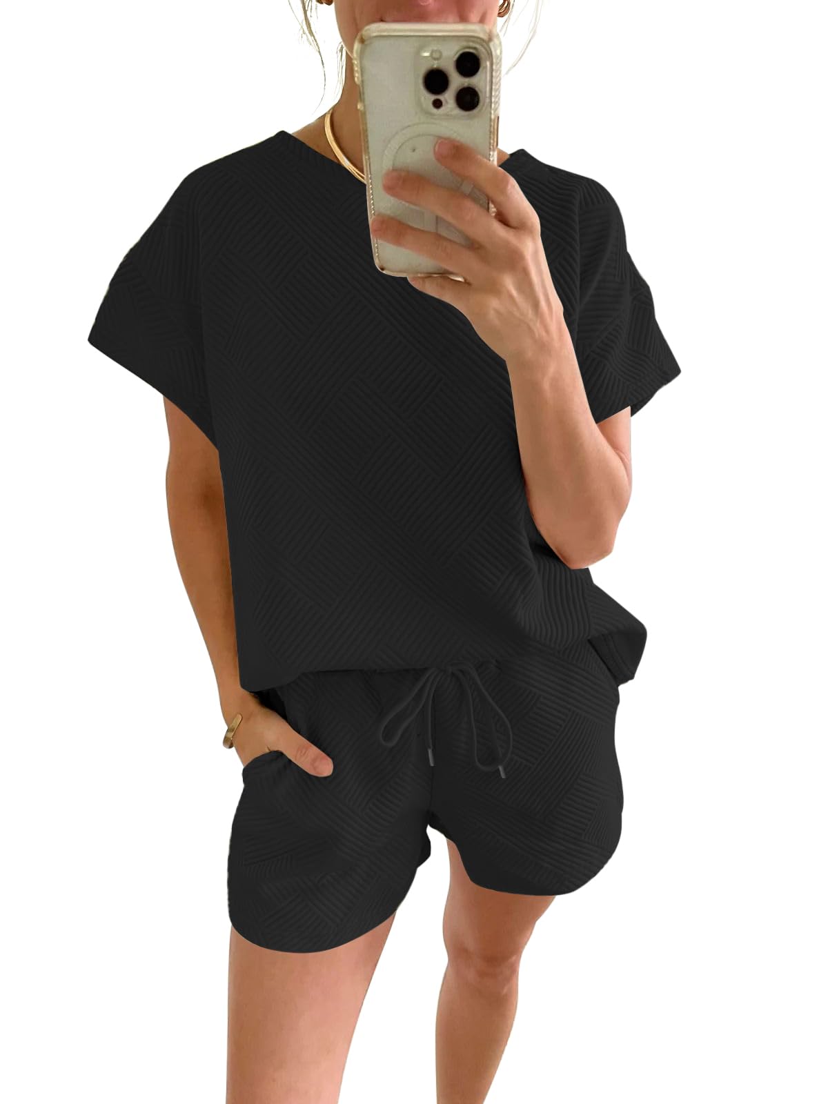 Paintcolors Women's 2 Piece Outfits Short Sleeve Crewneck Tracksuit Casual Cozy Stretchy Shorts Lounge Set Pajamas Sweatsuit