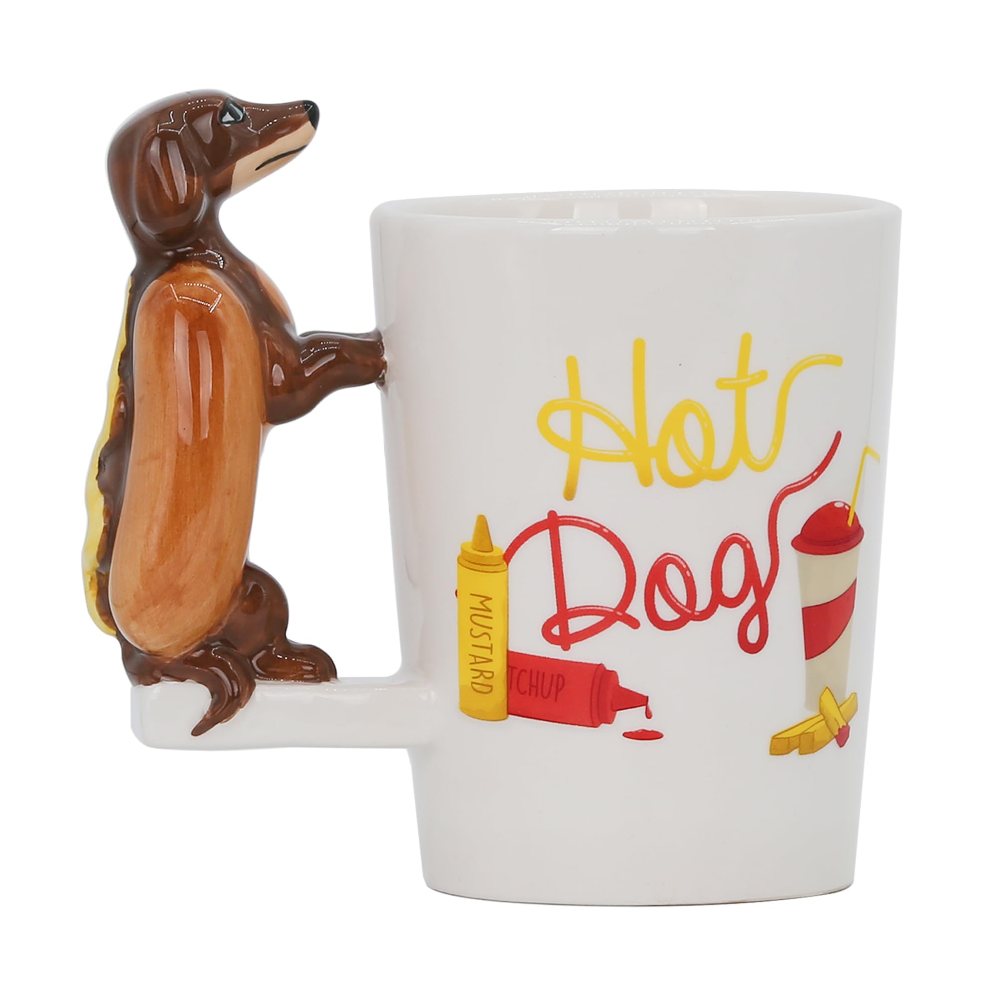 Ceramic Mug for Home & Office, Creative Porcelain 3D Animal Cup with Handle for Coffee, Tea, Juice, Milk & Water, 13.5 oz. Hotdog Dachshund Mug Gift, 5.1" H