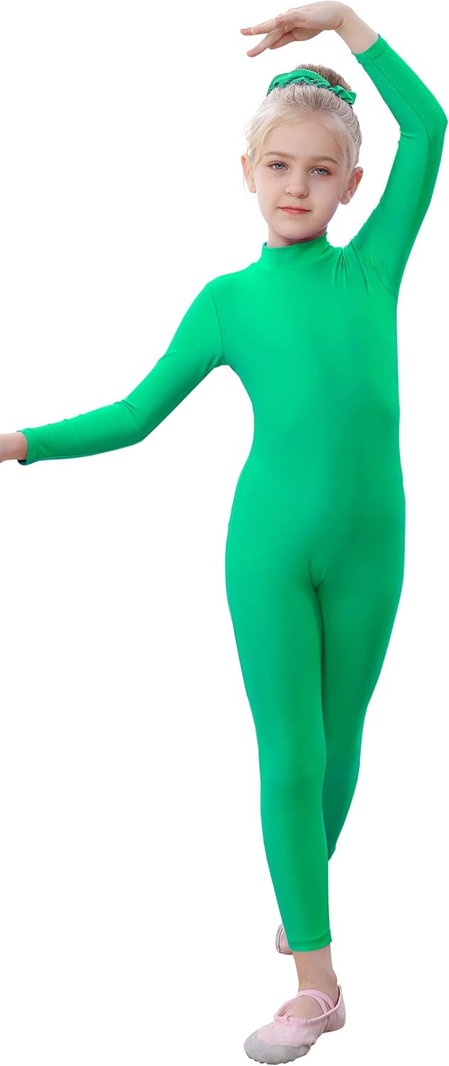 Kids Girls One Piece Spandex Unitards, Long Sleeve Turtleneck Unitard, Full Body Catsuit, Dance