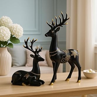 Xtore Creative Resin Golden and Black Reindeer Sculptures | Beautiful Home Decor | Lifts up Energy of Your Room (Pack of 2, Black)