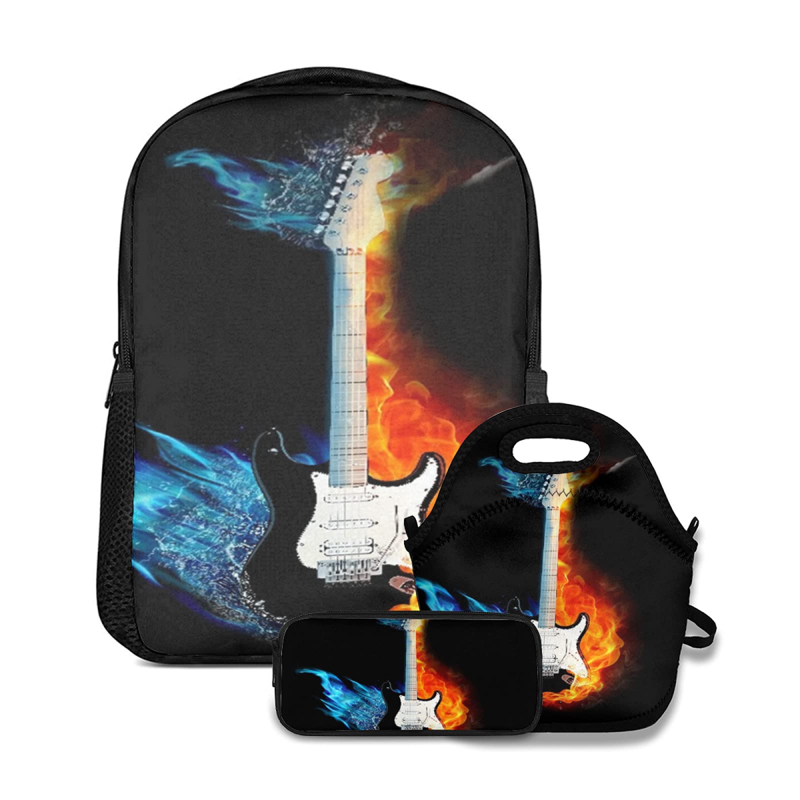 Juego de Mochila Escolar,Guitarra de Fuego y Hielo,con Bolsa de Almuerzo y Estuche de lápices para Mochila Escolar Adolescente