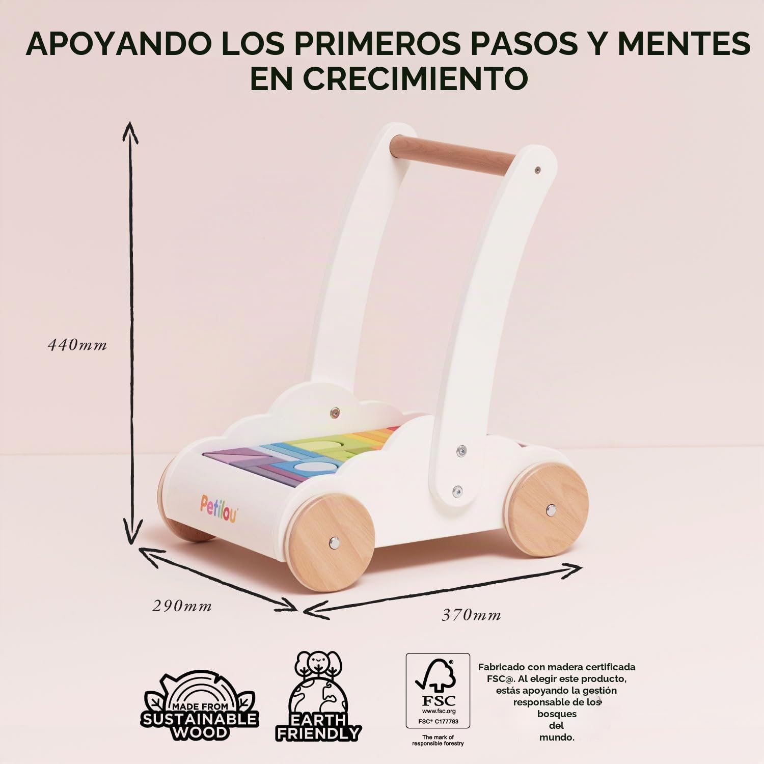 Le Toy Van - Carrito Petilou andador de madera | Carrito andador Nubes y Arcoíris | Recomendado para niños y niñas - A partir de +12 meses