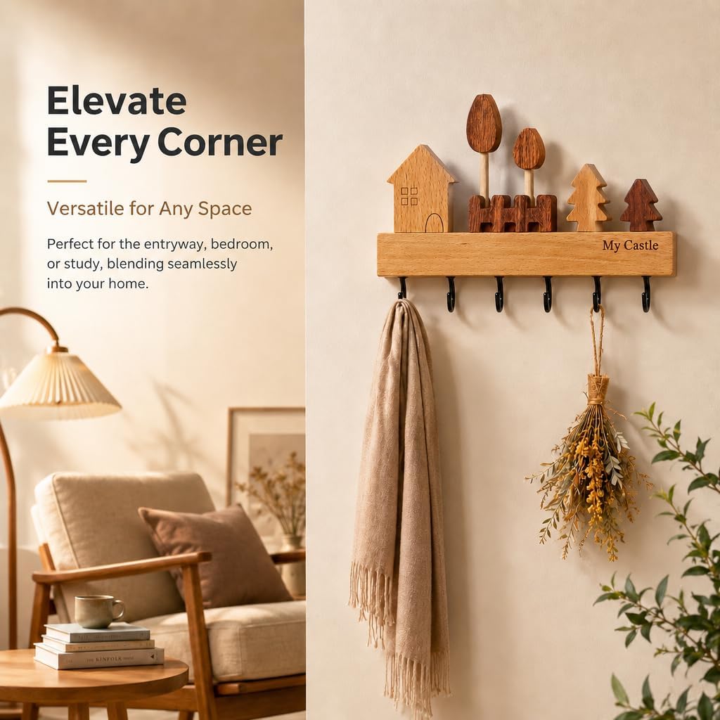 My Castle Wooden Key Holder Wall Mounted with 6 Hooks, Rustic Solid Wood Entryway Organizer, Cute House & Tree Design, Heavy Duty Wall Hooks for Keys, Bags, Hats