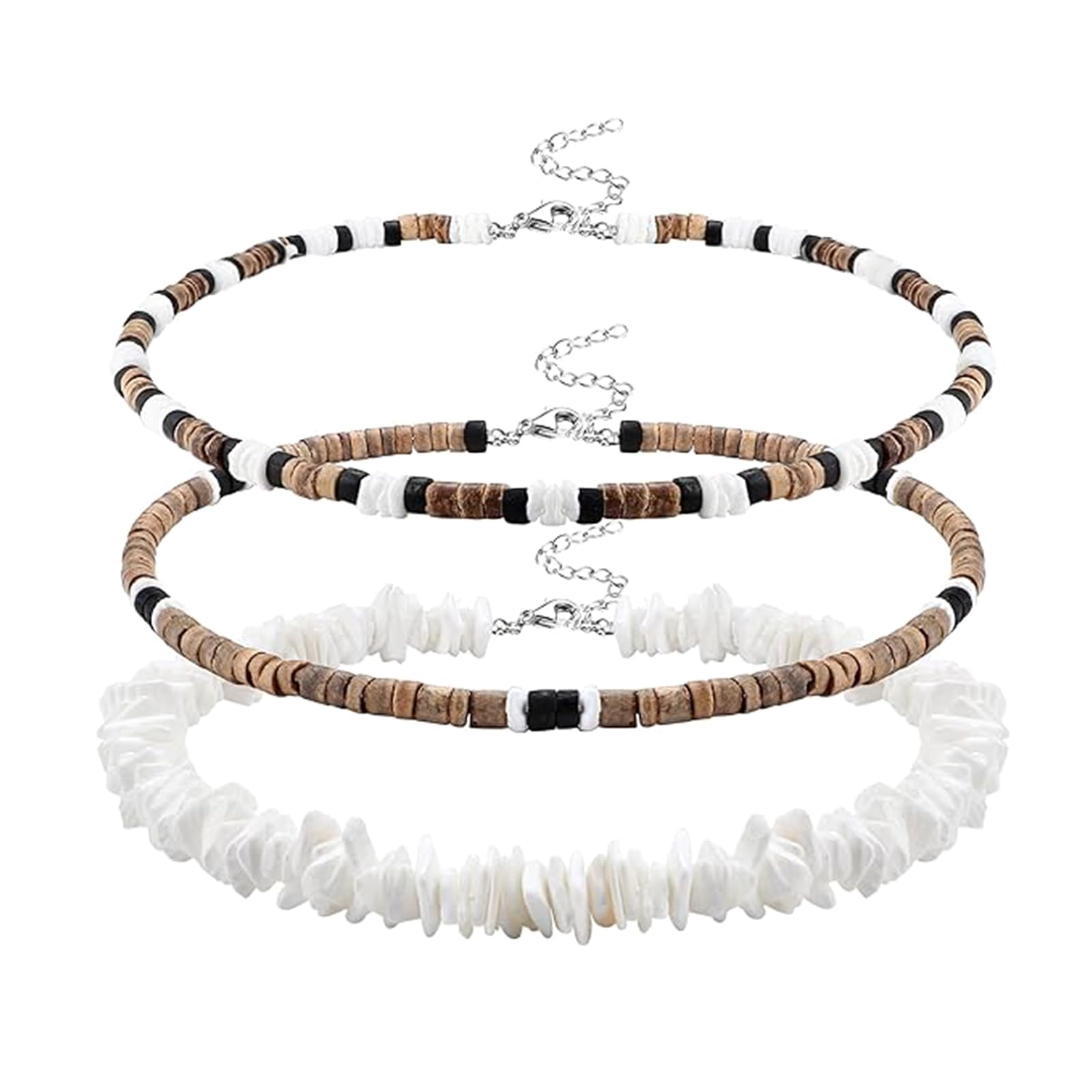 CANRNYACBZ 3 PCS Collar Conchas Mujer Collar De Conchas Collar Hombre Verano Collar de Concha de Puka Collar Conchas Ajustable Collares Surferos Blanca