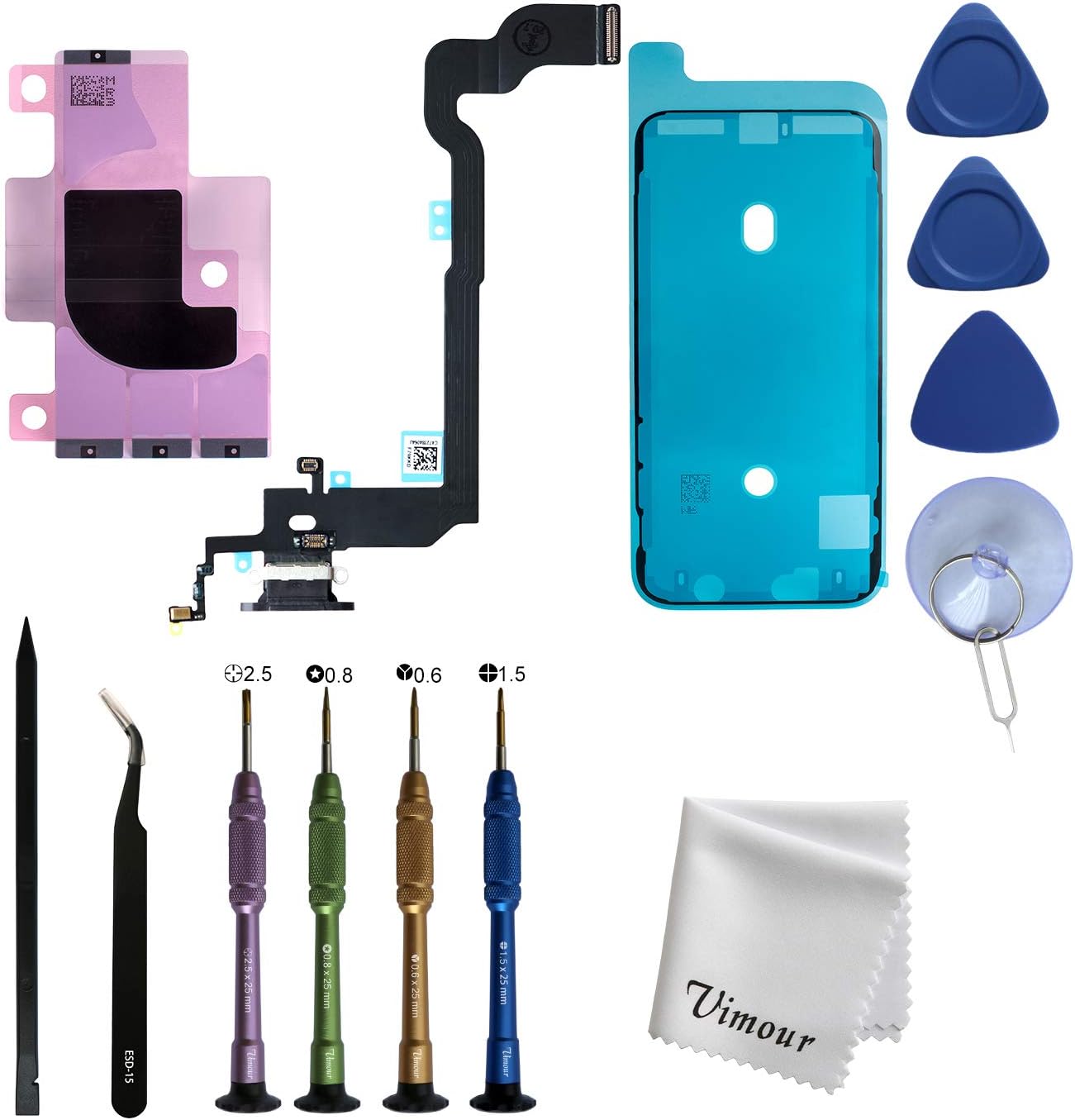 Vimour OEM Original Charging Port USB Dock Connector Flex Cable Assembly Replacement for iPhone X 5.8 Inches with Premium Toolkit and LCD Adhesive Tape (Black)