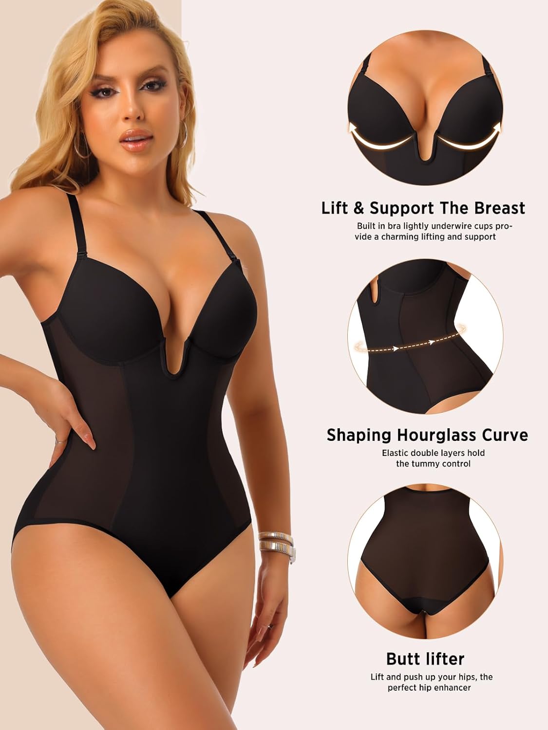 JOYSHAPER Women Shapewear Bodysuit Built in Bra Tummy Control U Plunge Backless Body Shaper Bra Thong Body Suits - Image 2