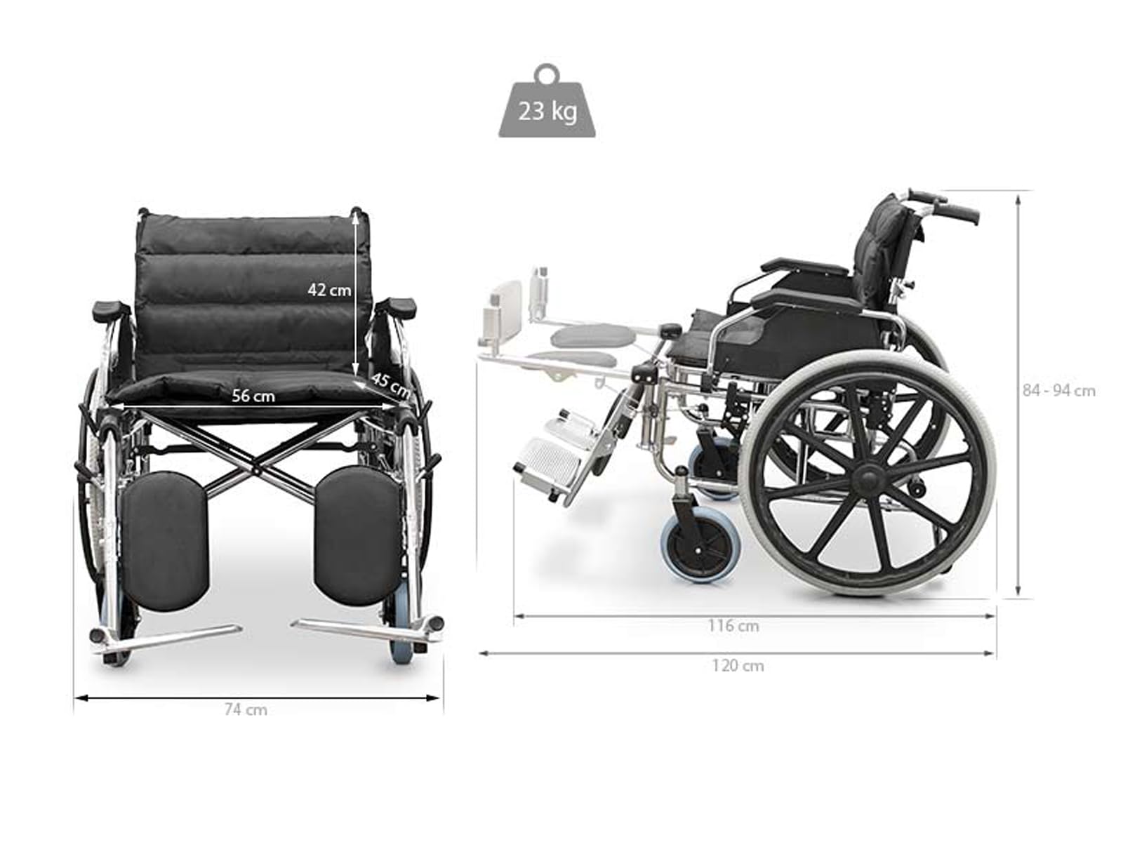 QUIRUMED Silla de ruedas ANCHO ESPECIAL 56 CM, Acero, Plegable, Acolchado extra, Reposabrazos extraíbles, Reposapies 90º, Para mayores, Para minusválidos, Hasta 125 kg