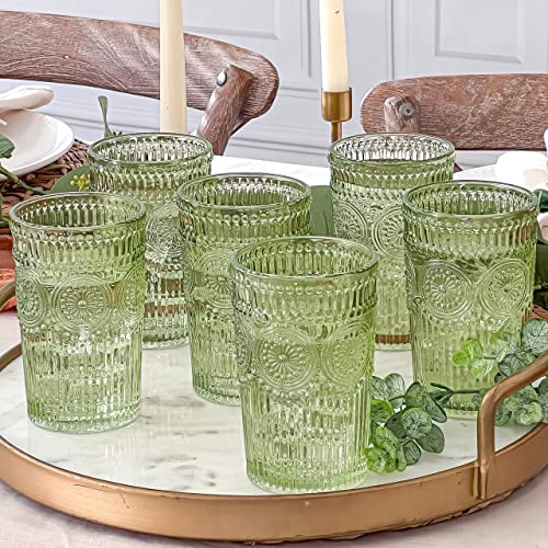 Kate Aspen Vintage Textured Sage Green Striped Drinking Glasses Set of 24, (13 oz) Ribbed Glassware with Flower Design| Cocktail Set, Juice Glass, Water Tumbler