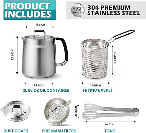 Miniatura 2 de Olla de filtro de aceite de acero inoxidable 304 de 68 onzas con filtro de aceite de malla fina y pinzas, mango resistente al calor, contenedor de