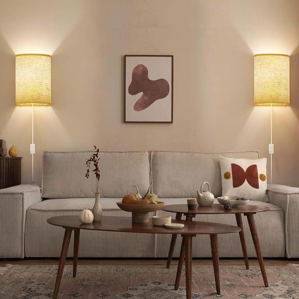 AoLa E27 Wandleuchte Innen mit Schalter und Stecker Retro Stoff Wandlamp mit Kabel 3 Farbtemperaturen Nachttischlampe Up Down Beleuchtung Rustikale für Wohnzimmer Schlafzimmer Flur 2 Stück