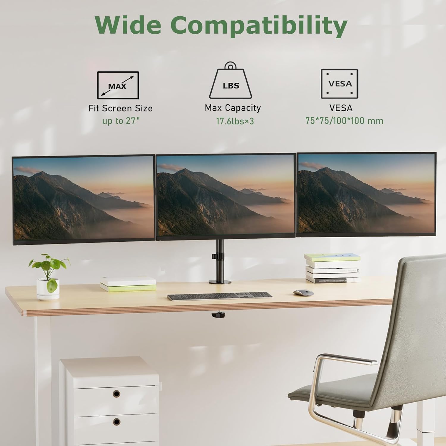 Triple Monitor Desk Mount,Three Monitors Stand Fits 3 Screens up to 27 inch,Load Bearing 17.6 lbs Per Arm,Fully Adjustable,Clamp & Grommet Mount,VESA Mount 75x75/100x100mm