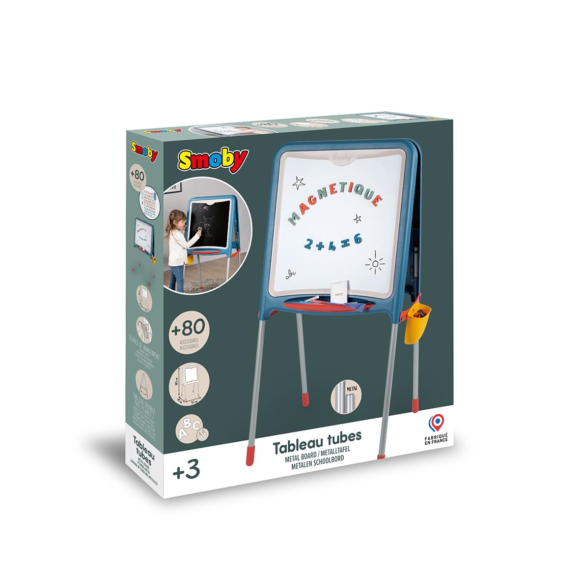Smoby - Tableau Tubes - Double Face Blanche Magnétique + Ardoise Craie - Bac Amovible - 80 Accessoires Inclus - 72 Lettres et Chiffres Magnétiques - A Partir de 3 Ans - Fabrication Française