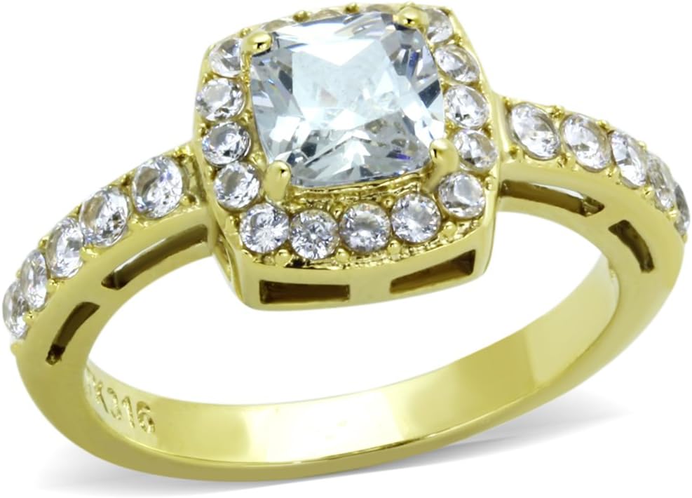 Marimor Jewelry Women's Stainless Steel 316 1.6 Carat Zirconia Gold Plated Halo Engagement Ring Size 10