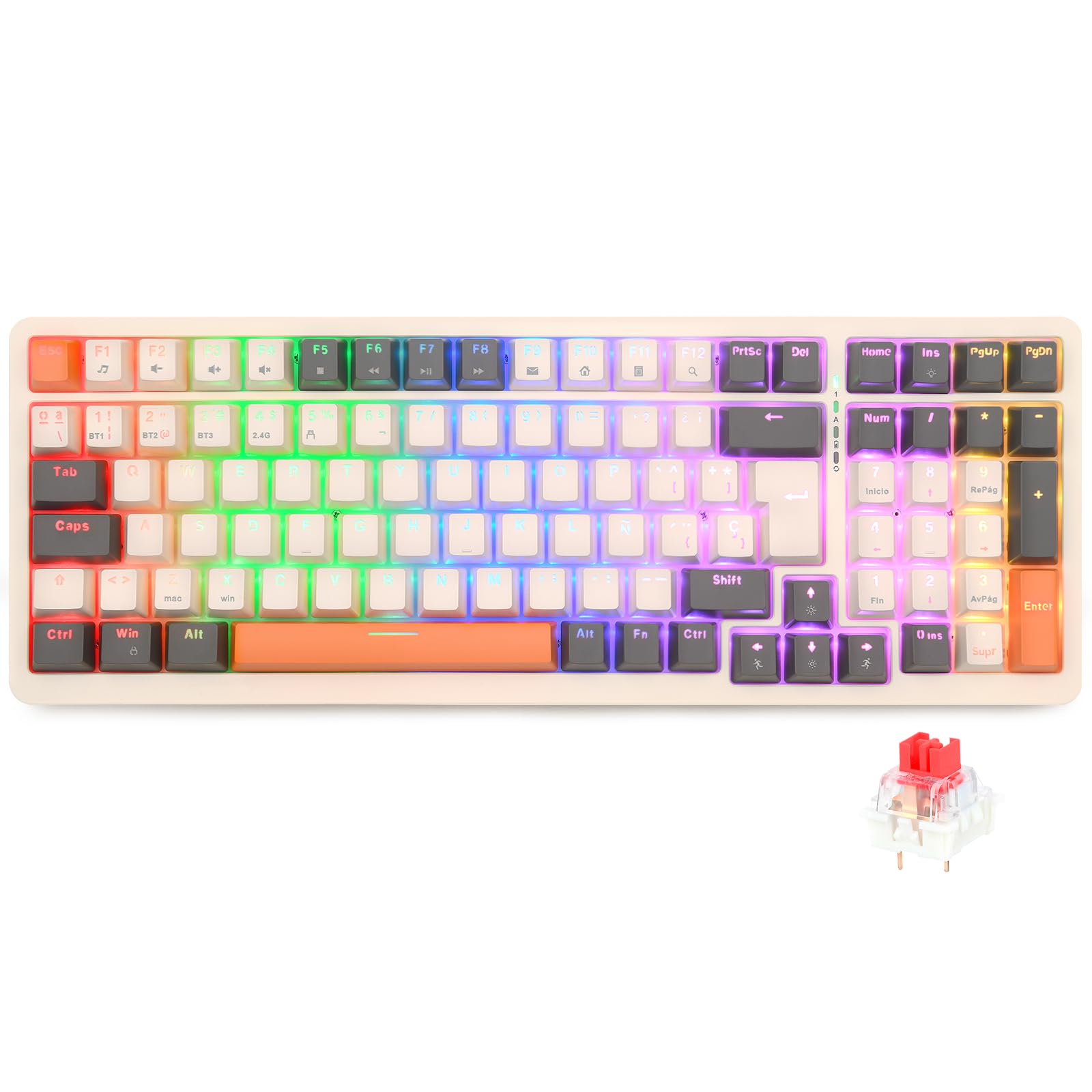 Rii RK909 96% Mechanical Gaming Keyboard, 3 Connectivity Modes, LED Backlight, Spanish Layout (Red Switches)