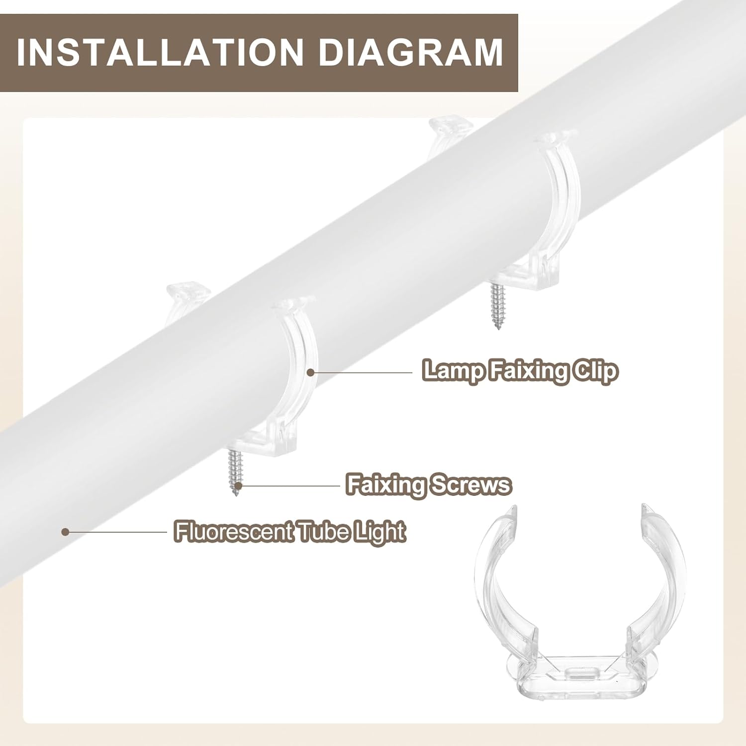 MECCANIXITY T16 U Clips Holder Bracket Fluorescent Tube Light Fixture Plastic Pipe Clamps with Screws for LED Bulbs Ceiling Lamp, Clear, Pack of 18