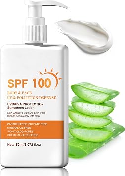 SPF 100 Sunscreen Lotion, Broad Spectrum Sun Cream UVB/UVA Protection, Waterproof, for Face and Body, All Skin Types, Refreshing and Non Greasy, 150ml / 5 Fl.oz 1 Pack