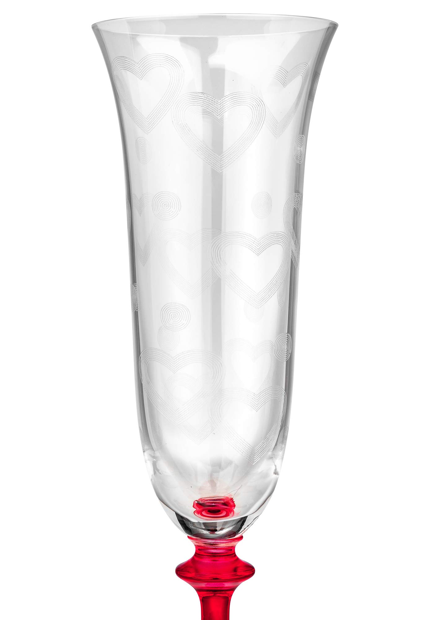 Crystalex Bohemia LOVE 6-Ounces Crystal Champagne Glass Set with a Red Stem, Footed Sparkling Wine Glass Set, Romantic Crystalware Gift, Heart-Shaped Pattern, Stemmed Flutes Set, 2 Piece Set