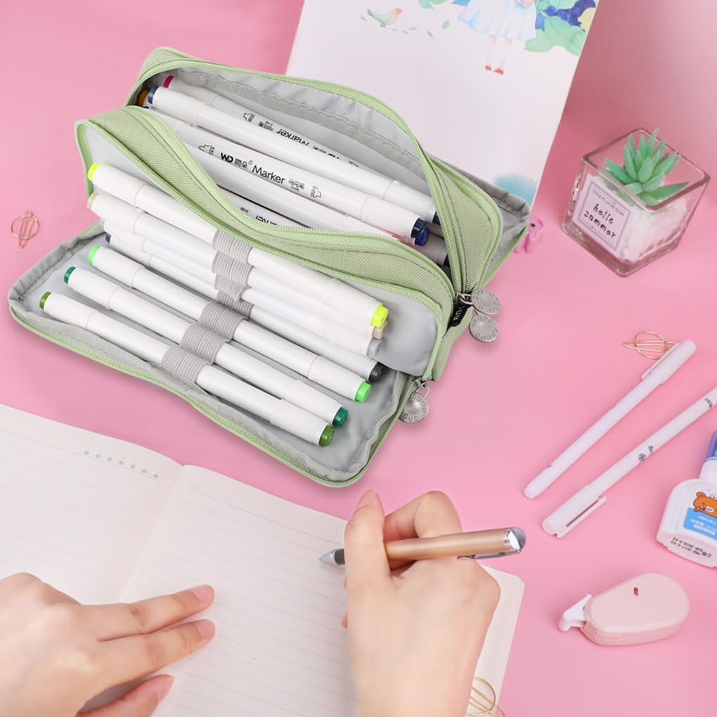 Oyachic 3 Compartment Pencil Case Large Capacity Pen Pouch Oxford Storage Bag Cosmetic Makeup Case for Men Women Adults Travel Business Office (Green) - Image 4
