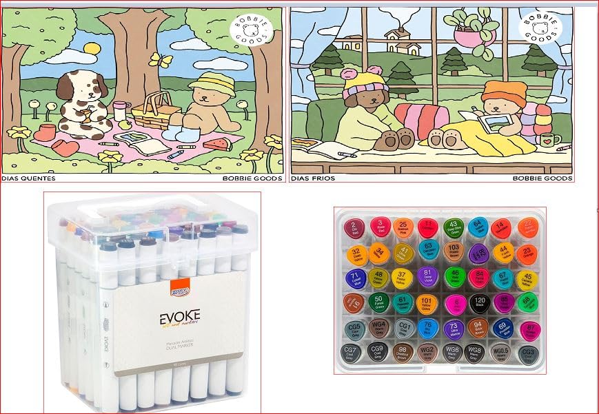 KIT BOBBIE GOODS - DIAS QUENTES + DIAS FRIOS + MARCADOR ARTÍSTICO EVOKE DUAL MARKER - ESTOJO 48 CORES