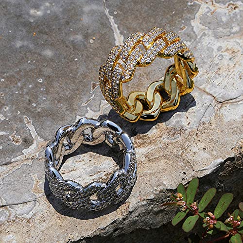 Apzzic 11Mm Cuban Link Ring Iced Out 2 Row Cz Diamond Gold Plated Hip Hop Bling Engagement Ring For Women Men Gold 8 #TOP1