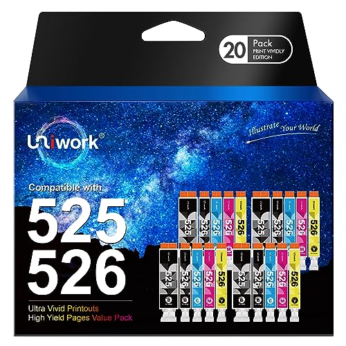 Uniwork Cartucho de Tinta Compatible de Repuesto para Canon PGI 525 CLI 526 para PIXMA IP4850 IP4950 MG5150 MG5250 MG5350 MG6150 MG6250 IX6550 (PGBK Negro, Cian, Magenta, Amarillo, Paquete de 20)