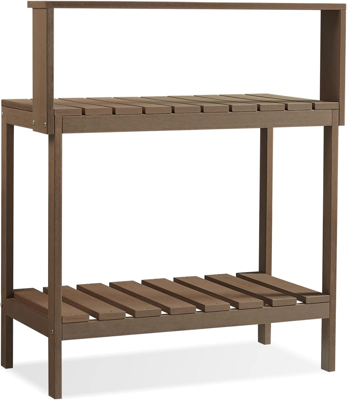 Efurden Mesa de banco para macetas, mesa para macetas al aire libre hecha de madera de polietileno, mesa de jardinería y estación de macetas, color marrón