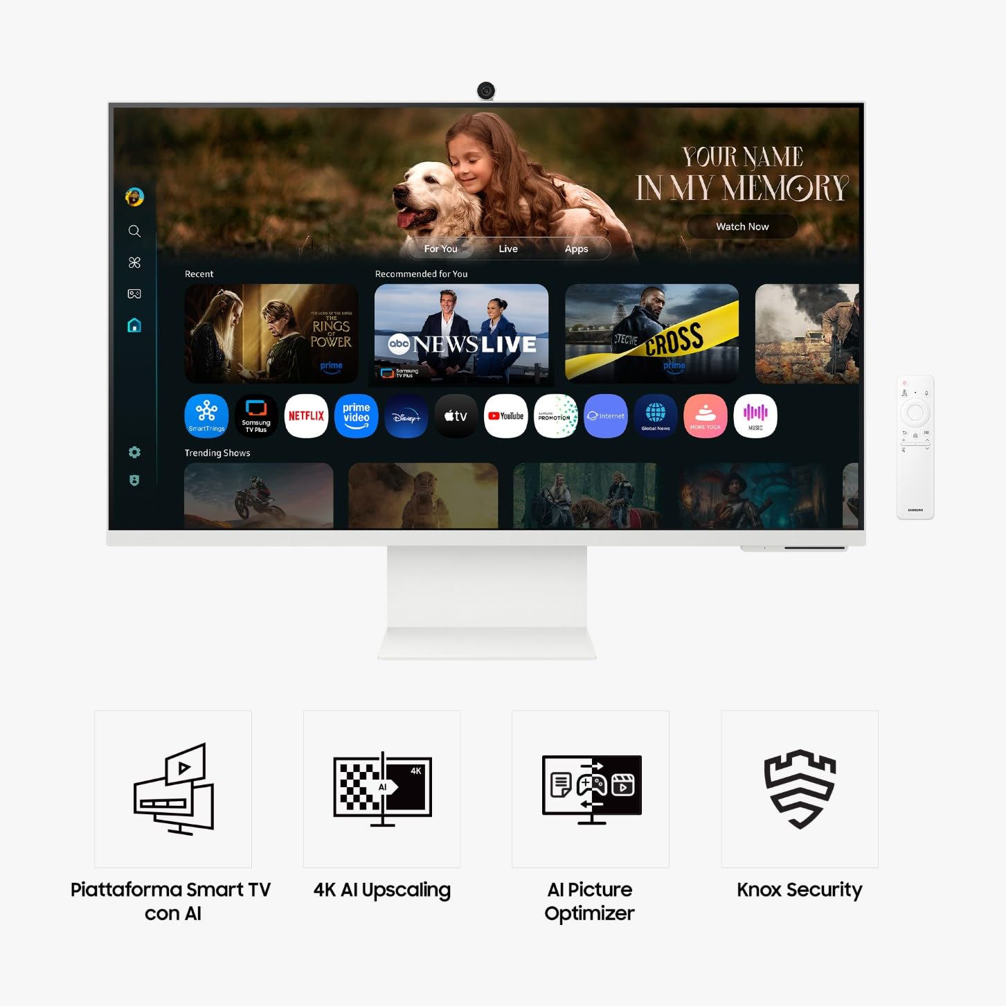 Samsung Smart Monitor M8 (S32FM801), Flat 32'', 3840x2160 (UHD 4K), Smart Hub con AI, Office 365, Gaming Hub, Speaker Integrati, Telecomando, WiFi, HDMI, USB-C