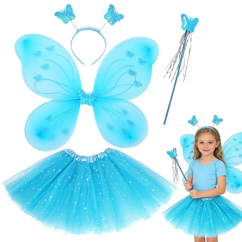 FCXVXCL Kids Fairy Wings Costume Fairy Butterfly Wings Angel Princess Costume with Girls Butterfly Wands Headband Puff Skirt Dress Up Set for Halloween Birthday Chrismas Party Blue