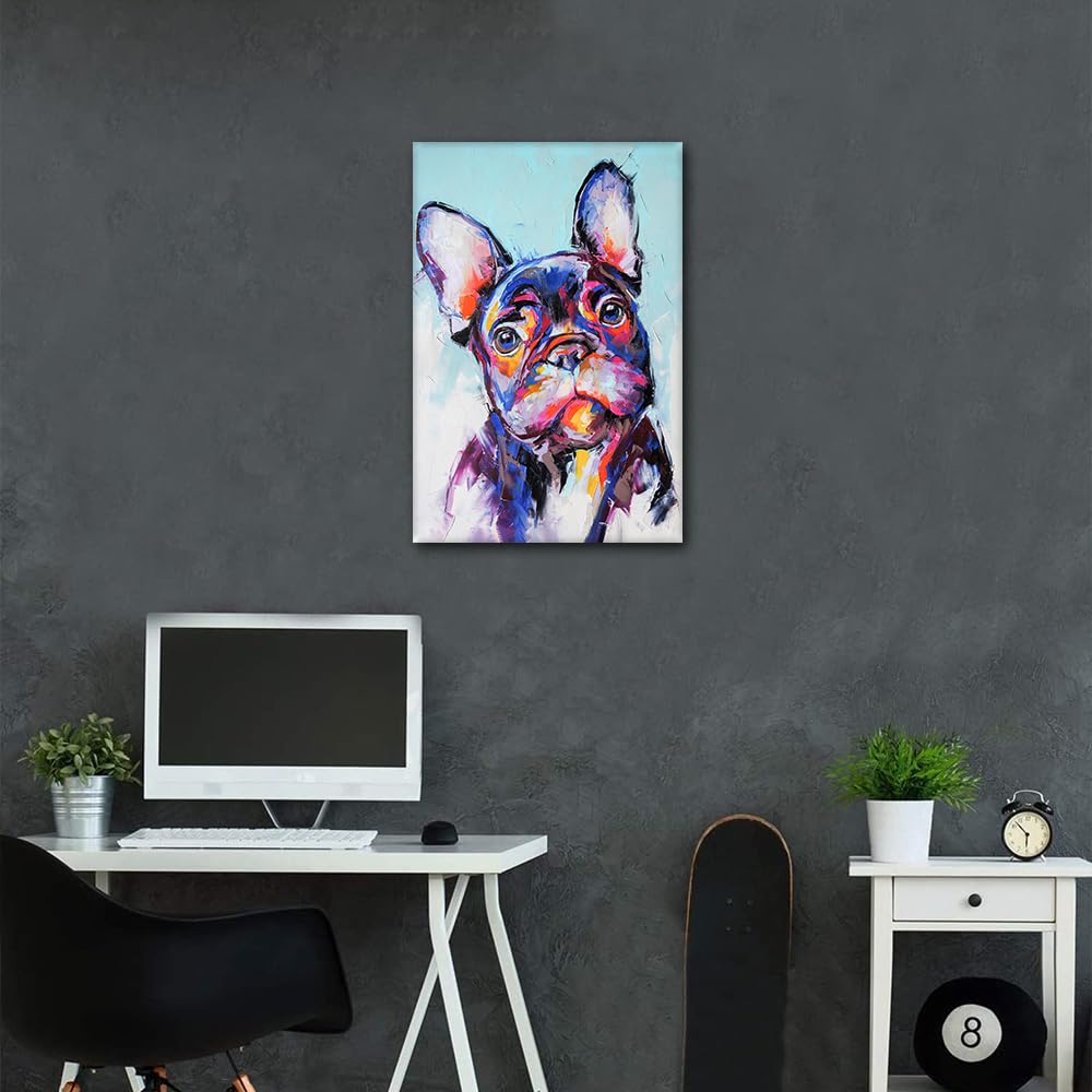 TISHIRON Stampa su tela di Bulldog francese - Dipinti astratti moderni di animali per la decorazione - Pronto da appendere (61 x 40 cm