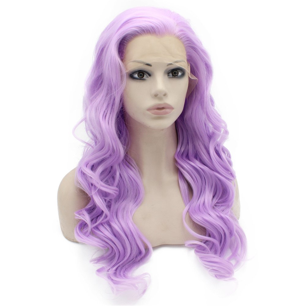 Mxangel Long Wavy Celebrity Synthetic Lace Front Half Hand Tied Heat Friendly Fiber Light Purple Natural Wig