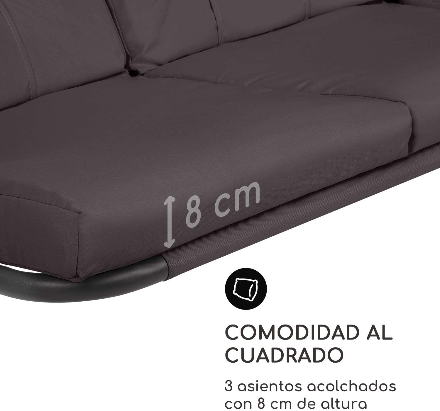 blumfeldt Marbella - Columpio balancín Hollywood, 3 plazas, Estructura Acero Revestido en Polvo, Cojines 8 cm Grosor, Fundas poliéster, Toldo arqueado, Protección UV, Respaldo reclinable, Gris