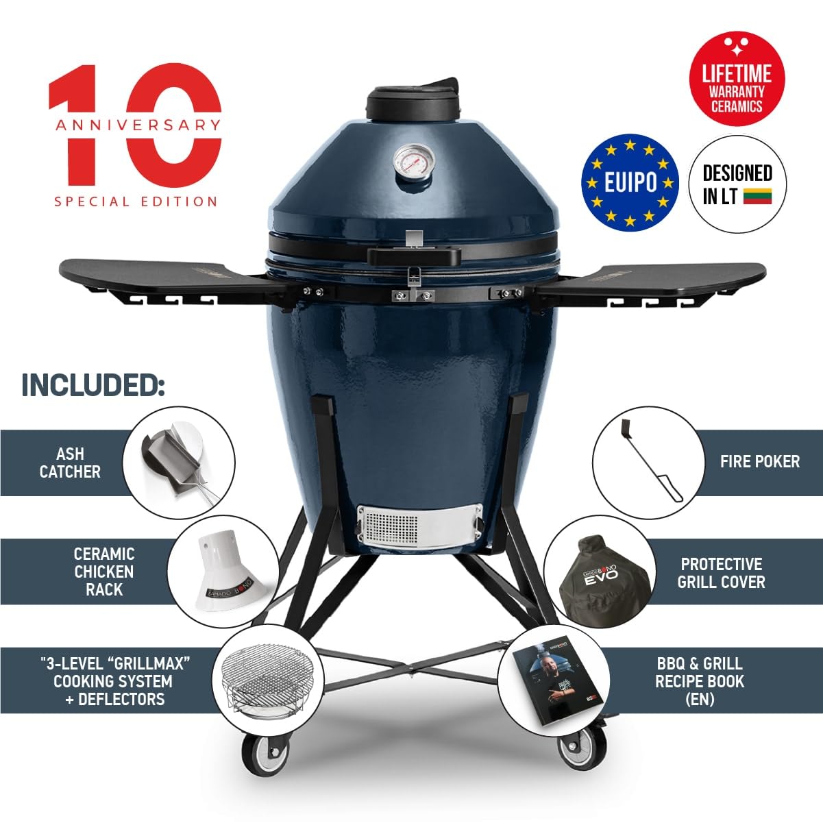 Kamado Bono EVO Media 56 cm Grill Ceramiczny Navy Blue – Duży Grill Węglowy Kamado z Systemem GrillMax 3 Poziomy, Deflektorami, Stołem Bocznym i Pokrowcem