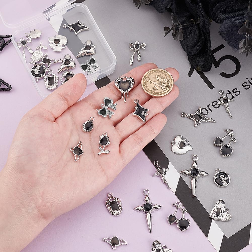 PH PandaHall 32Pcs 16 Styles Enamel Gothic Charms Pendants, Halloween Black Hanging Heart Charms Alloy Gothic Dangle Pendant Bracelet Charm Bulk for DIY Jewelry Accessories Cross Necklaces Earrings - Image 3