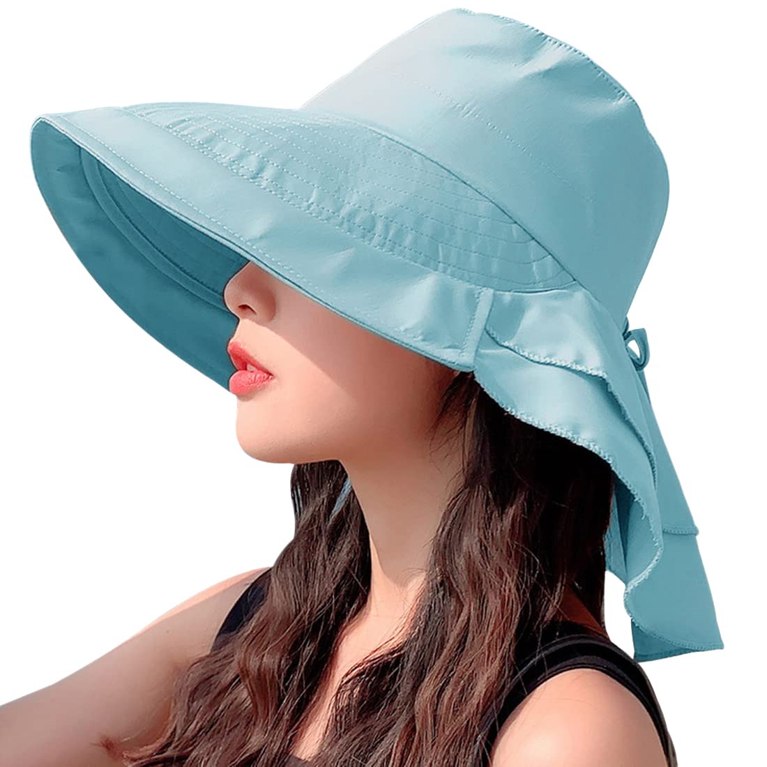 XRDSS Women Ponytail Sun Hat with Neck Flap Summer Hats Wide Brim UV Protection Cap (Blue)