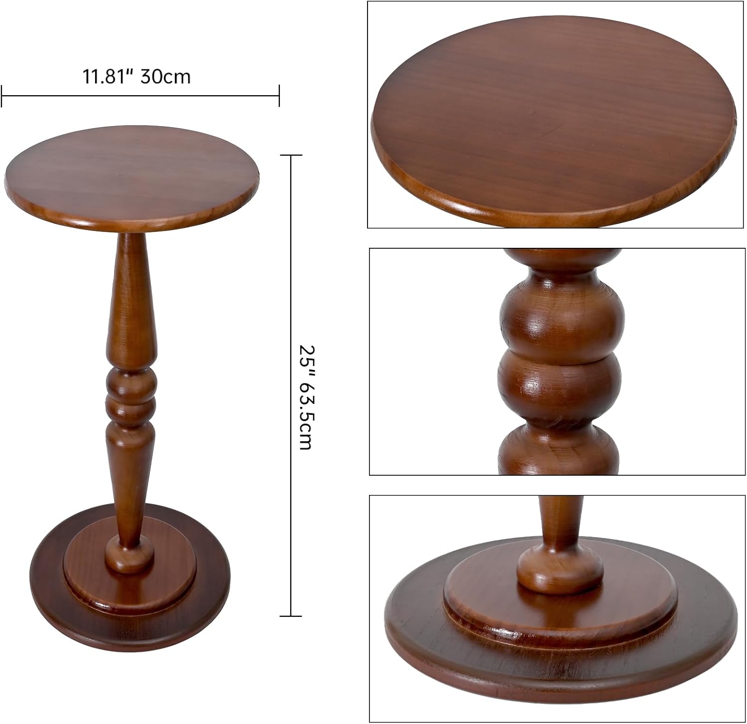 SwallowLiving Round Pedestal Side Table – Solid Pine Wood Drink Table for Small Spaces, 25" Tall Narrow End Table for Living Room & Bedroom, Vintage Brown Accent Furniture (12" Diameter)