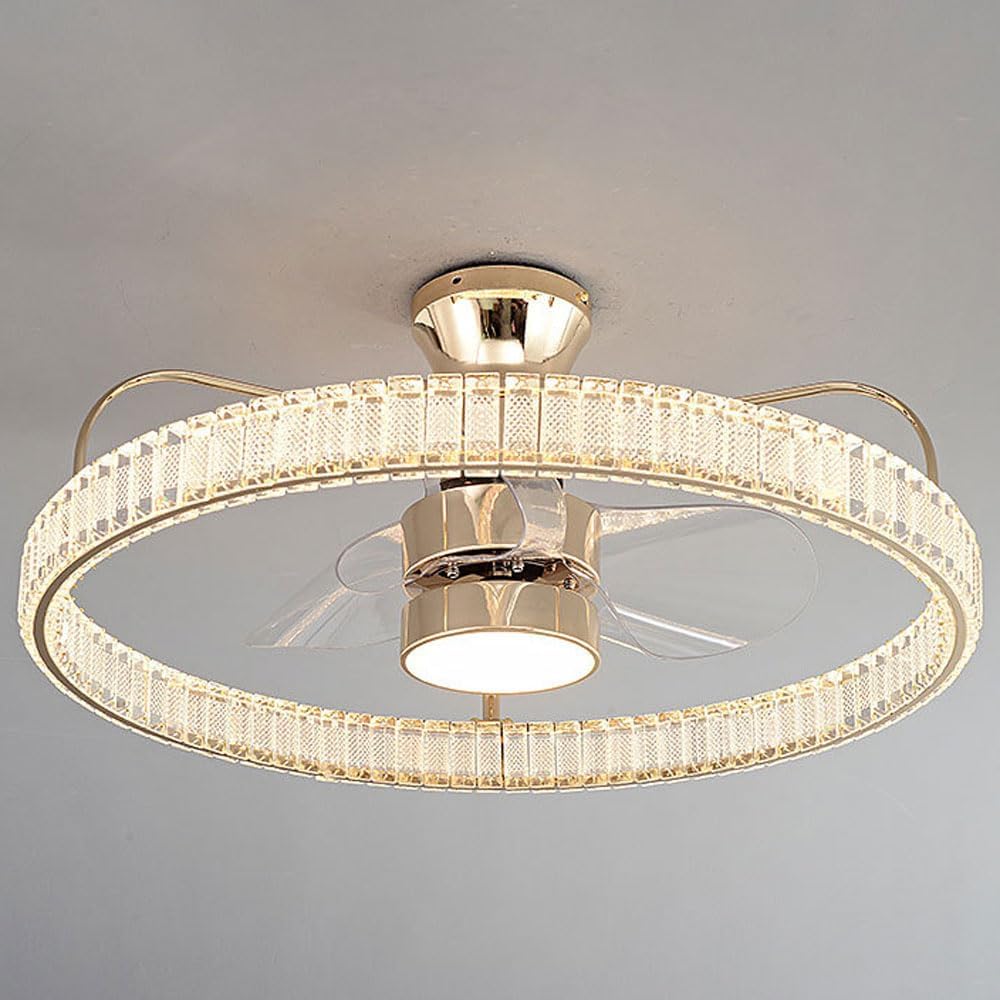 Crystal Fan Light for Living Room|Northern Europe Round (Gold) Led50w Lighting Fixture Fan Light |Restaurant Ceiling Fan One Piece Light |Ceiling Tri-Color Changing Light with Remote Control