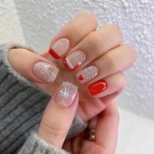 Christmas Press on Nails Short Fake Nails Square Glossy French
