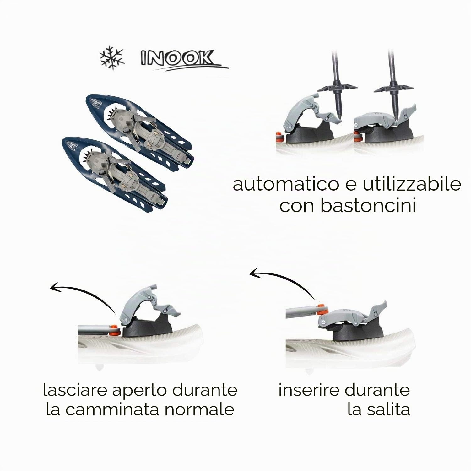 Inook Odyssey - Racchette da Neve con Supporto per Sbarra, Set di Racchette da Neve con Pratica Borsa per Il Trasporto, Misura Regolabile Individualmente e Molte funzioni brevettate