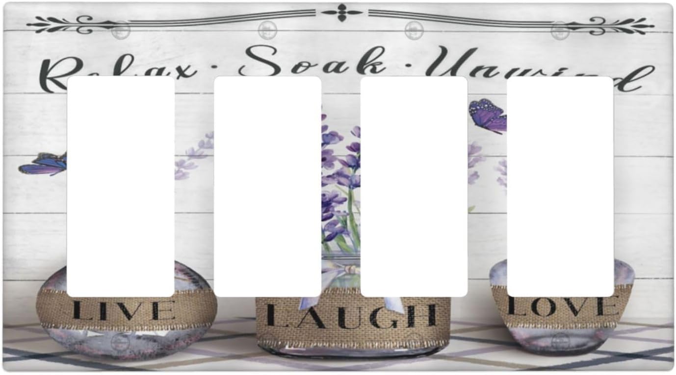 Rustic Farmhouse Lavender Flower 4 Gang Rocker Decora Light Switch Cover Quotes Lilac DecorativeOutlet Covers Wall Plate Electrical Faceplate Switchplate for Bathroom Home Living Room Decor