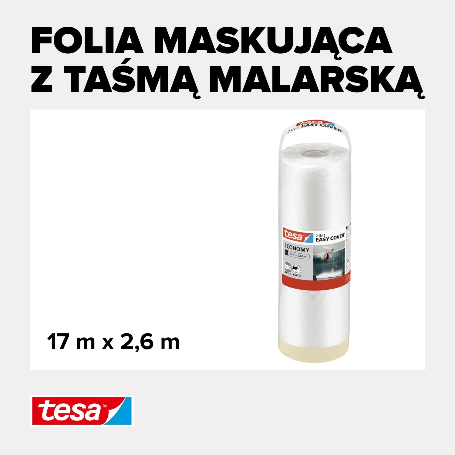 tesa Easy Cover UNIVERSAL folia malarska 2w1 - ochronna folia malarska oraz taśma maskująca zabezpieczająca krawędzie - 17m x 2,60m