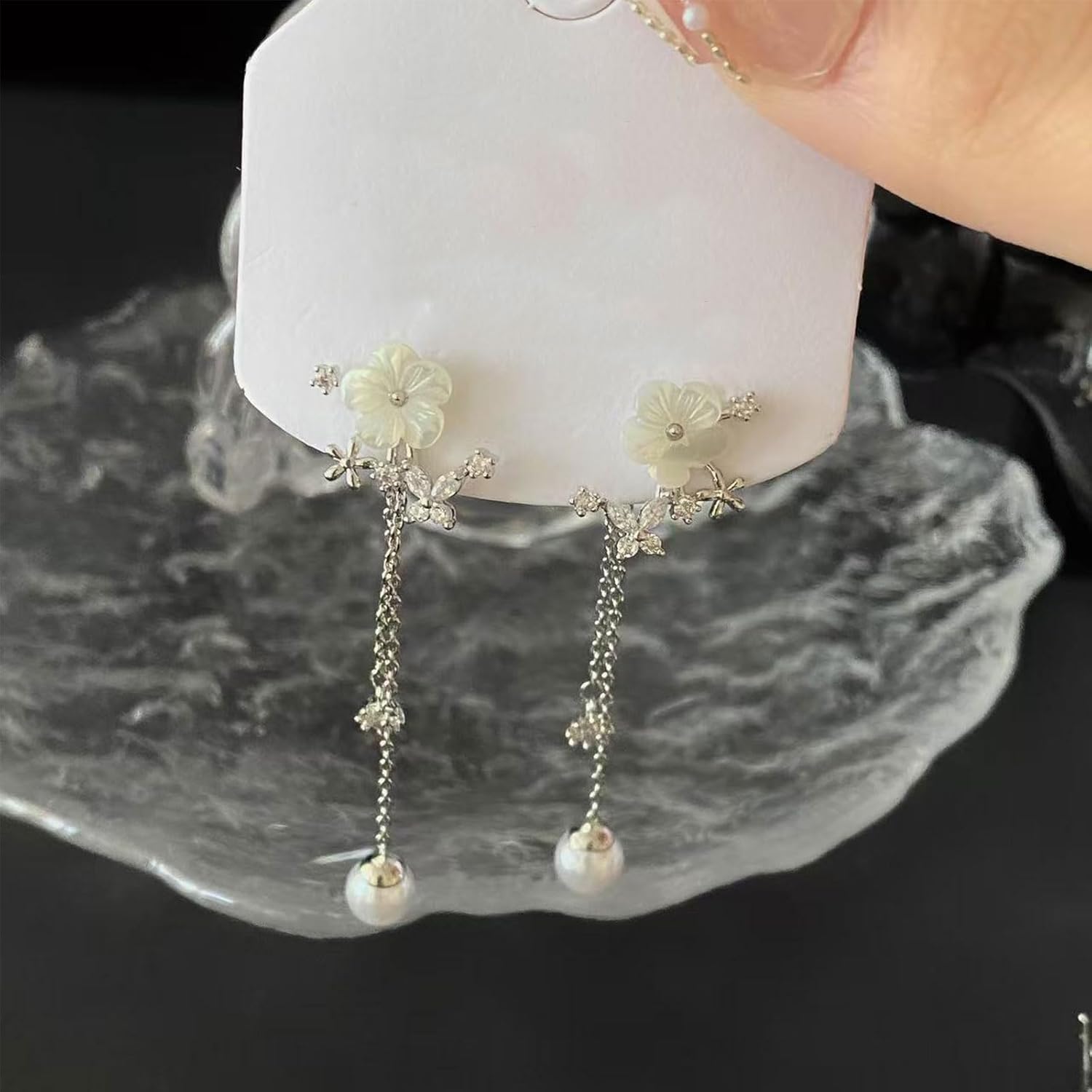 Pearl Flower Dangle Earrings for Women Long Gold Chain Drop Earrings Dainty Flower Wedding Earrings for Brides Statement Sparkly Jewelry - Image 5